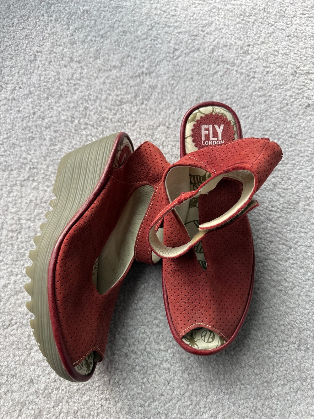 Fly London Red Perforated Suede Wedge Sandals